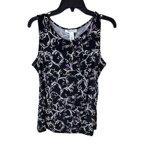 White House Black Market Large Womens Black Sleeveless Floral Tank Top Office